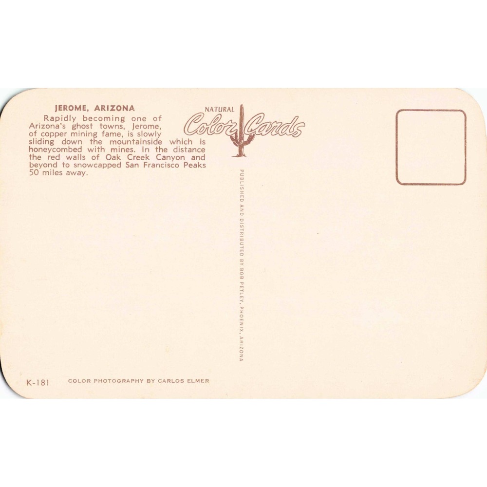 Vintage Jerome Arizona Ghost Town Postcard Carlos Elmer Bob Petley K-181 - Picture 2 of 2